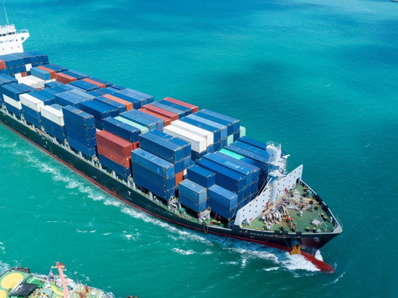 Cargo Container Ship top view. container ship running in the ocean import export shipping